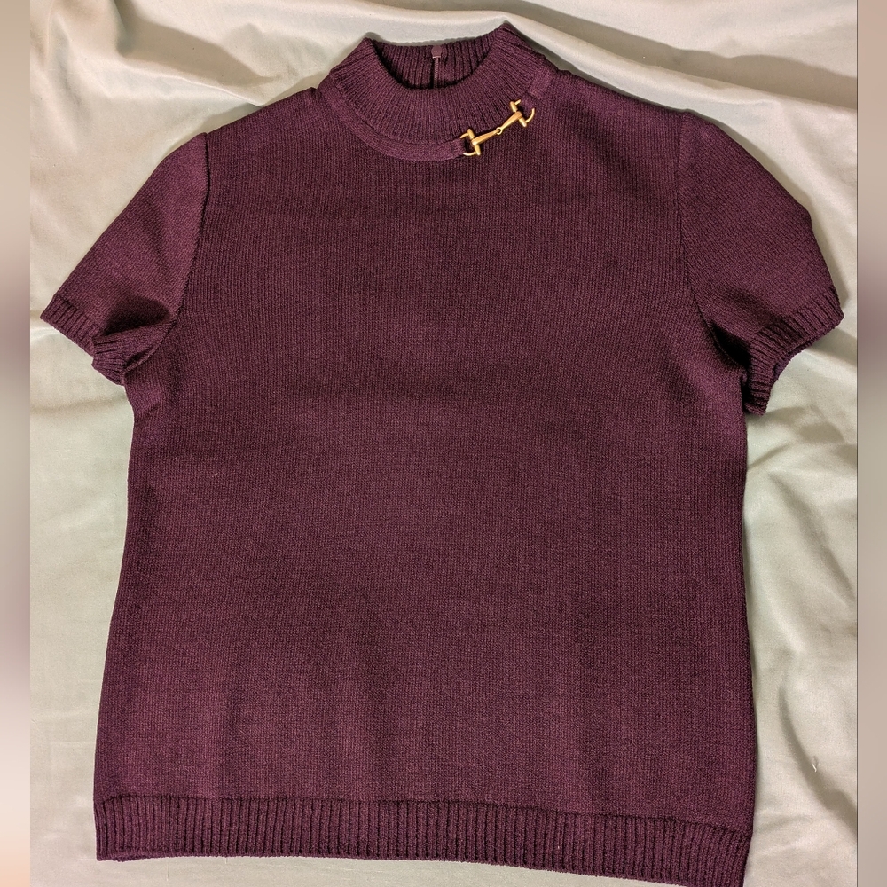 Purple Short Sleeve Knit Top with Gold Accent